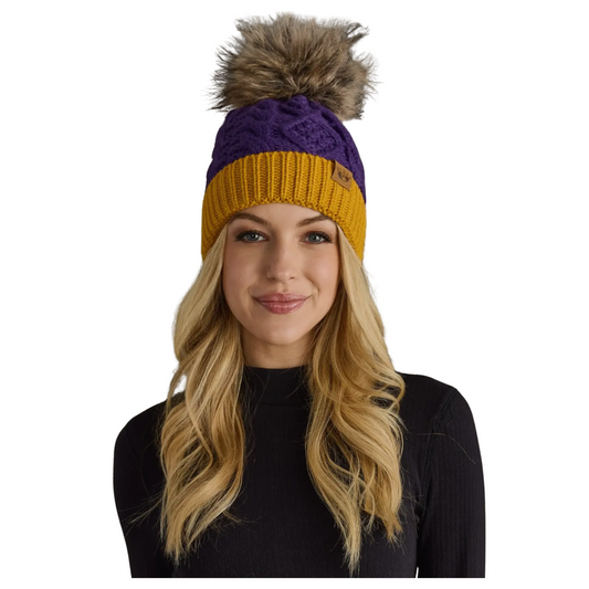 Purple & Gold Cable Knit Pom Hat